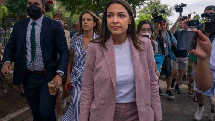 WASHINGTON, DC - JUNE 24: Rep. Alexandria Ocasio-Cortez (D-NY) leaves after speaking to abortion-rights activists in front of the U.S. Supreme Court after the Court announced a ruling in the Dobbs v Jackson Women's Health Organization case on June 24, 2022 in Washington, DC. The Court's decision in the Dobbs v Jackson Women's Health case overturns the landmark 50-year-old Roe v Wade case, removing a federal right to an abortion. (Photo by Nathan Howard/Getty Images)