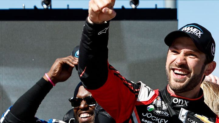 SONOMA, CALIFORNIA - JUNE 12: Daniel Suarez, driver of the #99 Onx Homes/Renu Chevrolet, celebrates in victory lane after winning the NASCAR Cup Series Toyota/Save Mart 350 at Sonoma Raceway on June 12, 2022 in Sonoma, California. (Photo by Chris Graythen/Getty Images)
