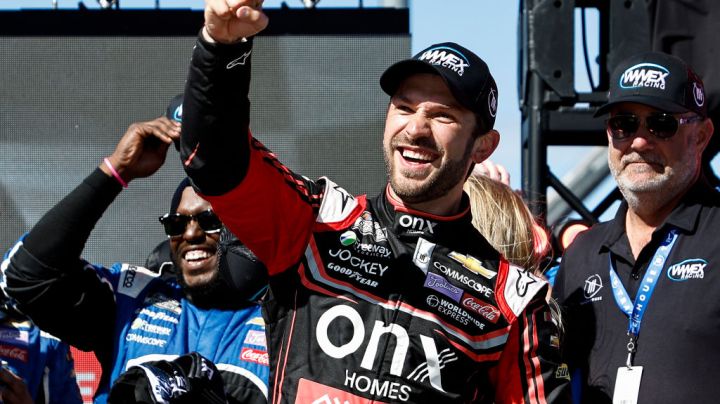 SONOMA, CALIFORNIA - JUNE 12: Daniel Suarez, driver of the #99 Onx Homes/Renu Chevrolet, celebrates in victory lane after winning the NASCAR Cup Series Toyota/Save Mart 350 at Sonoma Raceway on June 12, 2022 in Sonoma, California. (Photo by Chris Graythen/Getty Images)