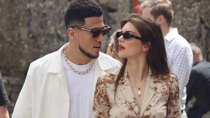 PORTOFINO, ITALY - MAY 21: Kendall Jenner and Devin Booker arriving for lunch at the Abbey of San Fruttuoso on May 21, 2022 in Portofino, Italy. (Photo by NINO/GC Images)