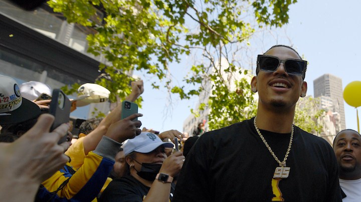SAN FRANCISCO, CALIFORNIA - JUNE 20: Juan Toscano-Anderson #95 of the Golden State Warriors during their Victory Parade on June 20, 2022 in San Francisco, California. The Golden State Warriors beat the Boston Celtics 4-2 to win the 2022 NBA Finals. NOTE TO USER: User expressly acknowledges and agrees that, by downloading and or using this photograph, user is consenting to the terms and conditions of Getty Images License Agreement. (Photo by Michael Urakami/Getty Images)