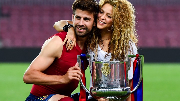BARCELONA, SPAIN - MAY 30: Gerard Pique of FC Barcelona and Shakira pose with the trophy after FC Barcelona won the Copa del Rey Final match against Athletic Club at Camp Nou on May 30, 2015 in Barcelona, Spain. (Photo by David Ramos/Getty Images)