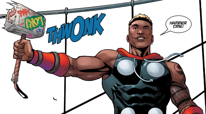 Source: What If… Miles Morales Vol. 1 #4 “What if…Mile Morales became Thor?” (2022), Marvel Comics. Words by Yehudi Mercado, art by Luigi Zagaria and Chris Sotomayor.