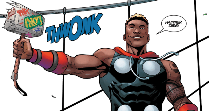 Source: What If… Miles Morales Vol. 1 #4 “What if…Mile Morales became Thor?” (2022), Marvel Comics. Words by Yehudi Mercado, art by Luigi Zagaria and Chris Sotomayor.