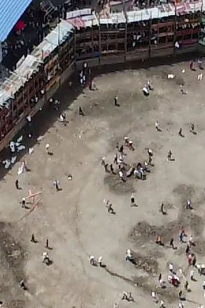 Aerial view of the collapsed grandstand in a bullring in the Colombian municipality of El Espinal, southwest of Bogotá, on June 26, 2022. - At least four people were killed and another 30 seriously injured when a full three-story section of wooden stands filled with spectators collapsed, throwing dozens of people to the ground, during a popular event at which members of the public face off with small bulls, officials said. (Photo by SAMUEL ANTONIO GALINDO CAMPOS / AFP) (Photo by SAMUEL ANTONIO GALINDO CAMPOS/AFP via Getty Images)