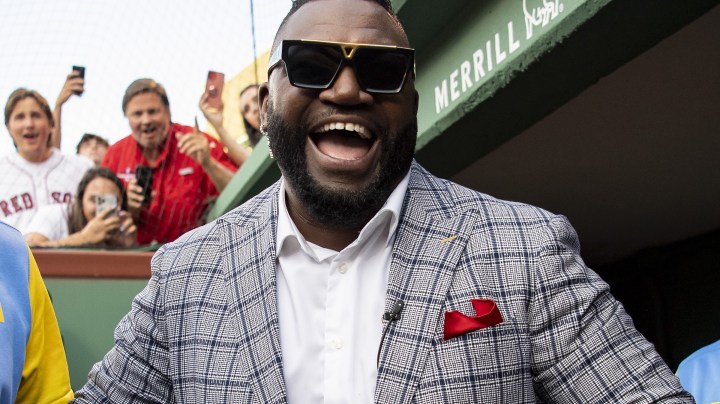 BOSTON, MA - JULY 26: Former Boston Red Sox player David Ortiz reacts during a pre-game ceremony in recognition of his induction into the National Baseball Hall of Fame before a game between the Boston Red Sox and the Cleveland Guardians on July 26, 2022 at Fenway Park in Boston, Massachusetts. (Photo by Billie Weiss/Boston Red Sox/Getty Images)