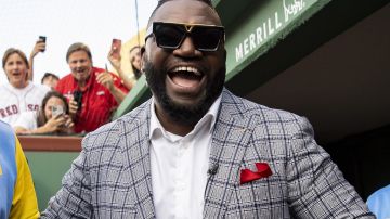 BOSTON, MA - JULY 26: Former Boston Red Sox player David Ortiz reacts during a pre-game ceremony in recognition of his induction into the National Baseball Hall of Fame before a game between the Boston Red Sox and the Cleveland Guardians on July 26, 2022 at Fenway Park in Boston, Massachusetts. (Photo by Billie Weiss/Boston Red Sox/Getty Images)