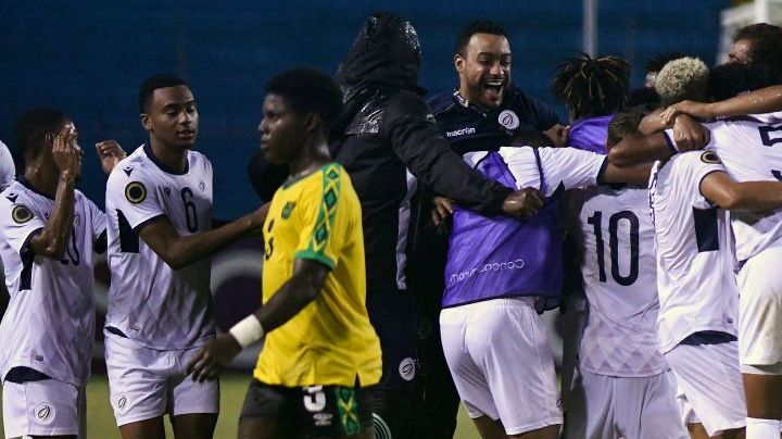 Dominican Republic's team members celebrate after winning the Concacaf U-20 World Cup quarterfinal football match against Jamaica at the Olimpico Metropolitano stadium in San Pedro Sula, Honduras, on June 29, 2022. (Photo by Orlando SIERRA / AFP) (Photo by ORLANDO SIERRA/AFP via Getty Images)