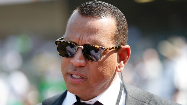 OAKLAND, CALIFORNIA - AUGUST 29: Broadcaster and former MLB player Alex Rodriguez looks on from the field before the game between the Oakland Athletics and the New York Yankees at RingCentral Coliseum on August 29, 2021 in Oakland, California. (Photo by Lachlan Cunningham/Getty Images)