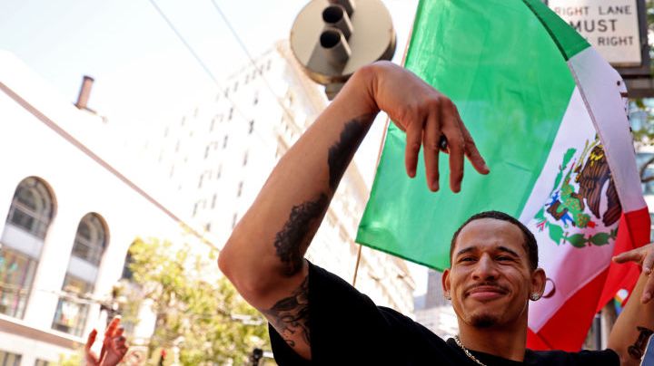 Power forward Juan Toscano Anderson greets fans during the 2022 NBA Champion Golden State Warriors Parade on Monday, June 20, 2022, in San Francisco, Calif. This is the WarriorsÕ fourth NBA Championship in eight years.