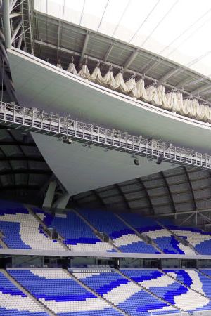 AL WAKRAH, QATAR - JULY 4: General view of the Al-Janoub Stadium, formerly known as Al-Wakrah Stadium, a retractable roof football stadium in Al-Wakrah, Qatar, that was inaugurated on 16 May 2019. This is the second among the eight stadiums for the 2022 FIFA World Cup in Qatar, after the renovation of Khalifa International Stadium. On July 4, 2022 in Al Wakrah, Qatar. (Photo credit should read Sidhik Keerantakath/Eyepix Group/Future Publishing via Getty Images)