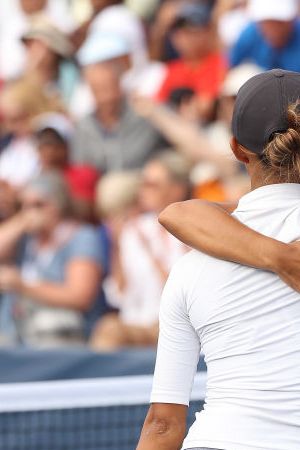 TORONTO, ON - AUGUST 9 - Leylah Fernandez, right, celebrates with her sister Bianca Fernandez as they defeat Kristen Flipkens and Sara Sorribes Tormo in doubles on Court 1 at the National Bank Open presented by Rogers at Sobey's Stadium at York University in Toronto. August 9, 2022. (Steve Russell/Toronto Star via Getty Images)