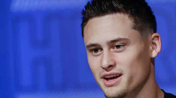 INDIANAPOLIS, IN - MAR 5: Matt Araiza #PK01 of the San Diego State Aztecs speaks to reporters during the NFL Draft Combine at the Indiana Convention Center on March 5, 2022 in Indianapolis, Indiana. (Photo by Michael Hickey/Getty Images)
