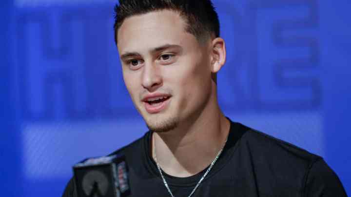 INDIANAPOLIS, IN - MAR 5: Matt Araiza #PK01 of the San Diego State Aztecs speaks to reporters during the NFL Draft Combine at the Indiana Convention Center on March 5, 2022 in Indianapolis, Indiana. (Photo by Michael Hickey/Getty Images)