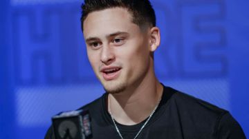 INDIANAPOLIS, IN - MAR 5: Matt Araiza #PK01 of the San Diego State Aztecs speaks to reporters during the NFL Draft Combine at the Indiana Convention Center on March 5, 2022 in Indianapolis, Indiana. (Photo by Michael Hickey/Getty Images)