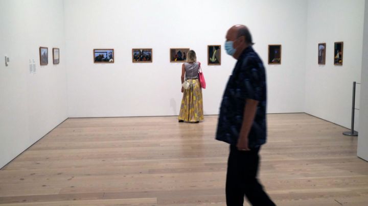 NEW YORK, NEW YORK - SEPTEMBER 03: People walk through an exhibition at the newly reopened Whitney Museum of American Art on September 03, 2020 in New York City. The museum, one of New York's major cultural attractions, was closed last march due to the Covid-19 epidemic. The museum has instituted new safety guidelines, including health checks and a requirement for visitors to purchase timed tickets in advance. (Photo by Spencer Platt/Getty Images)