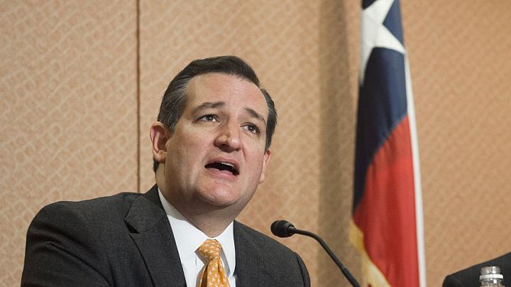 Republican Presidential hopeful and Texas Senator Ted Cruz (L) speaks alongside Texas Governor Greg Abbott about the Senate bill, "Terrorist Refugee Infiltration Prevention Act of 2015", which would prevent refugees into the US from Iraq, Syria or any country substantially controlled by a terrorist organization, during a press conference on Capitol Hill in Washington, DC, December 8, 2015. AFP PHOTO / SAUL LOEB / AFP / SAUL LOEB (Photo credit should read SAUL LOEB/AFP via Getty Images)