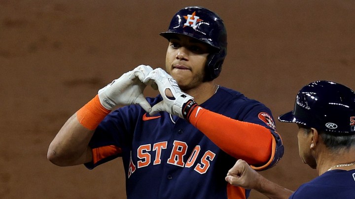 HOUSTON, TEXAS - OCTOBER 20: Jeremy Pena #3 of the Houston Astros reacts after his single against the New York Yankees during the third inning in game two of the American League Championship Series at Minute Maid Park on October 20, 2022 in Houston, Texas. (Photo by Rob Carr/Getty Images)