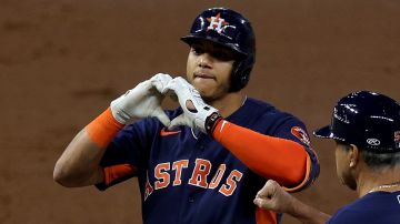 HOUSTON, TEXAS - OCTOBER 20: Jeremy Pena #3 of the Houston Astros reacts after his single against the New York Yankees during the third inning in game two of the American League Championship Series at Minute Maid Park on October 20, 2022 in Houston, Texas. (Photo by Rob Carr/Getty Images)