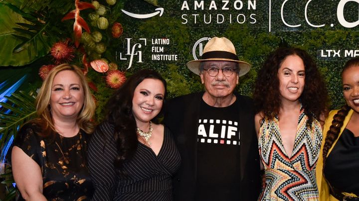 HOLLYWOOD, CALIFORNIA - OCTOBER 03: (L-R) Beatriz Acevedo, Gloria Calderón Kellett, Edward James Olmos, Erika Sabel Flores, Latasha Gillespie, and Lorenza Munoz attend Amazon Studies and Latin Film Institute event celebrating Latino heritage & culture at NeueHouse Hollywood on October 03, 2022 in Hollywood, California. (Photo by Rodin Eckenroth/Getty Images)