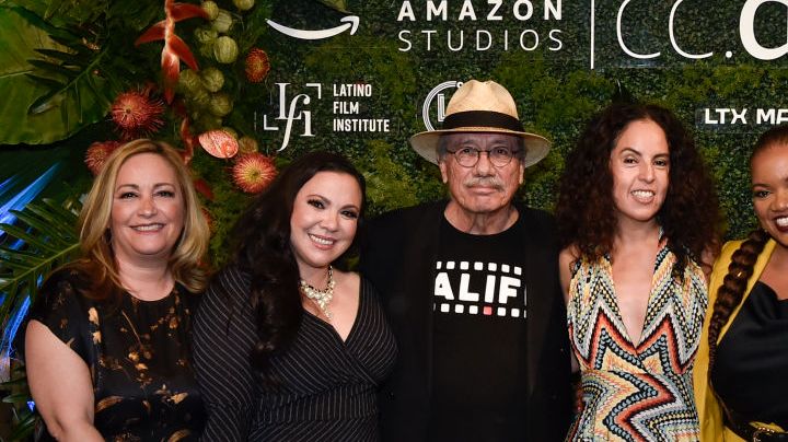 HOLLYWOOD, CALIFORNIA - OCTOBER 03: (L-R) Beatriz Acevedo, Gloria Calderón Kellett, Edward James Olmos, Erika Sabel Flores, Latasha Gillespie, and Lorenza Munoz attend Amazon Studies and Latin Film Institute event celebrating Latino heritage & culture at NeueHouse Hollywood on October 03, 2022 in Hollywood, California. (Photo by Rodin Eckenroth/Getty Images)