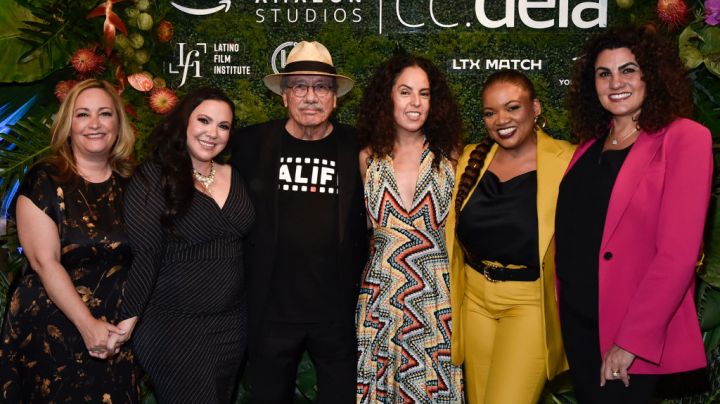 HOLLYWOOD, CALIFORNIA - OCTOBER 03: (L-R) Beatriz Acevedo, Gloria Calderón Kellett, Edward James Olmos, Erika Sabel Flores, Latasha Gillespie, and Lorenza Munoz attend Amazon Studies and Latin Film Institute event celebrating Latino heritage & culture at NeueHouse Hollywood on October 03, 2022 in Hollywood, California. (Photo by Rodin Eckenroth/Getty Images)