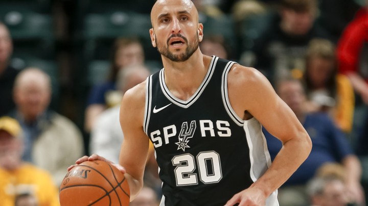 INDIANAPOLIS, IN - OCTOBER 29: Manu Ginobili #20 of the San Antonio Spurs brings the ball up court during the game against the Indiana Pacers at Bankers Life Fieldhouse on October 29, 2017 in Indianapolis, Indiana. NOTE TO USER: User expressly acknowledges and agrees that, by downloading and or using this photograph, User is consenting to the terms and conditions of the Getty Images License Agreement.(Photo by Michael Hickey/Getty Images)