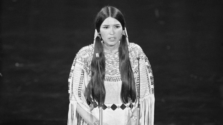 Sacheen Littlefeather (born Marie Louise Cruz, 1946 - 2022) speaks at the 45th Academy Awards. On behalf of Marlon Brando, she refused the Best Actor award he was awarded for his role in 'The Godfather'. Brando refused the award because of the treatment by the Americans of the American Indian.