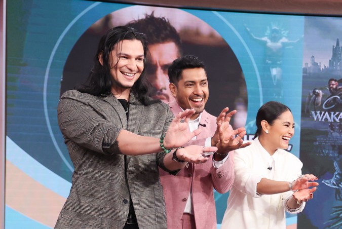 DORAL, FLORIDA - NOVEMBER 01: Alex Livinalli, Tenoch Huerta, Mabel Cadena, Jessica Rodriguez and Carlos Calderon are seen at "Despierta America" at Univision Studios to promote Wakanda Forever on November 01, 2022 in Doral, Florida. (Photo by John Parra/Getty Images)