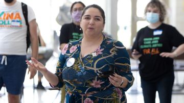 CHICAGO, ILLINOIS - APRIL 23: Delia Ramirez speaks at the Chicago Climate Summit at Benito Juarez Community Academy on April 23, 2022 in Chicago, Illinois. (Photo by Jeff Schear/Getty Images for IL GND Coalition)