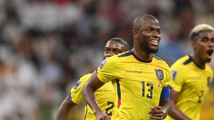 AL KHOR, QATAR - NOVEMBER 20: Enner Valencia of Ecuador celebrates after scoring their team's second goal during the FIFA World Cup Qatar 2022 Group A match between Qatar and Ecuador at Al Bayt Stadium on November 20, 2022 in Al Khor, Qatar. (Photo by Michael Regan - FIFA/FIFA via Getty Images)