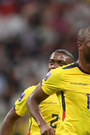 AL KHOR, QATAR - NOVEMBER 20: Enner Valencia of Ecuador celebrates after scoring their team's second goal during the FIFA World Cup Qatar 2022 Group A match between Qatar and Ecuador at Al Bayt Stadium on November 20, 2022 in Al Khor, Qatar. (Photo by Michael Regan - FIFA/FIFA via Getty Images)
