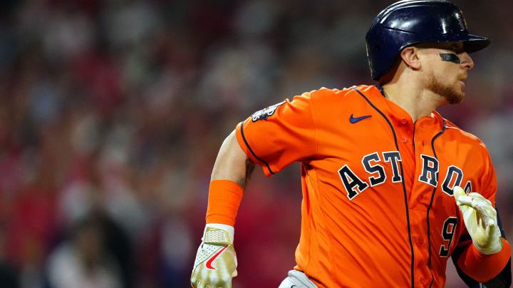 PHILADELPHIA, PA - NOVEMBER 02:  Christian Vázquez #9 of the Houston Astros runs to first base with a single in the fourth inning during Game 4 of the 2022 World Series between the Houston Astros and the Philadelphia Phillies at Citizens Bank Park on Wednesday, November 2, 2022 in Philadelphia, Pennsylvania. (Photo by Daniel Shirey/MLB Photos via Getty Images)
