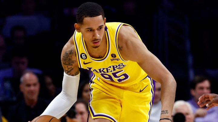 LOS ANGELES, CALIFORNIA - OCTOBER 20: Juan Toscano-Anderson #95 of the Los Angeles Lakers in the third quarter at Crypto.com Arena on October 20, 2022 in Los Angeles, California. NOTE TO USER: User expressly acknowledges and agrees that, by downloading and/or using this photograph, user is consenting to the terms and conditions of the Getty Images License Agreement. (Photo by Ronald Martinez/Getty Images)