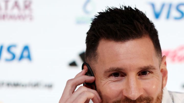 DOHA, QATAR - NOVEMBER 21: Lionel Messi of Argentina reacts during the Argentina match day -1 Press Conference at Main Media Center on November 21, 2022 in Doha, Qatar. (Photo by Mohamed Farag/Getty Images)
