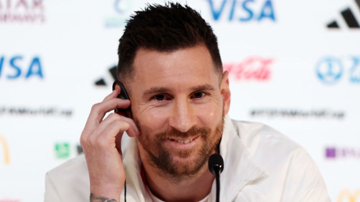 DOHA, QATAR - NOVEMBER 21: Lionel Messi of Argentina reacts during the Argentina match day -1 Press Conference at Main Media Center on November 21, 2022 in Doha, Qatar. (Photo by Mohamed Farag/Getty Images)
