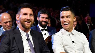 MONACO, MONACO - AUGUST 29: Cristiano Ronaldo of Juventus, Lionel Messi of FC Barcelona and Virgil Van Dijk of Liverpool react during the UEFA Champions League Draw, part of the UEFA European Club Football Season Kick-Off 2019/2020 at Salle des Princes, Grimaldi Forum on August 29, 2019 in Monaco, Monaco. (Photo by Harold Cunningham - UEFA/UEFA via Getty Images)