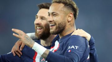 PARIS, FRANCE - October 25: Lionel Messi #30 of Paris Saint-Germain and Neymar #10 of Paris Saint-Germain celebrate after combining for another goal during the Paris Saint-Germain V Maccabi Haifa, UEFA Champions League group H match at Parc des Princes on October 25th 2022 in Paris, France (Photo by Tim Clayton/Corbis via Getty Images)