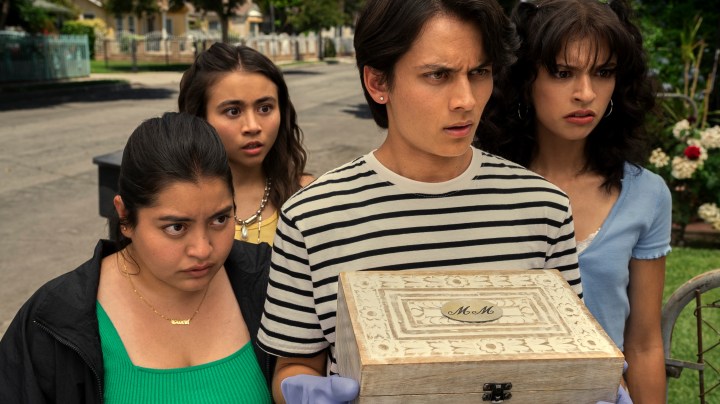 Freeridge. (L to R) Keyla Monterroso Mejia as Gloria, Ciara Riley Wilson as Demi, Tenzing Trainor as Cameron, Bryana Salaz as Ines in episode 101 of Freeridge. Cr. Kevin Estrada © 2022