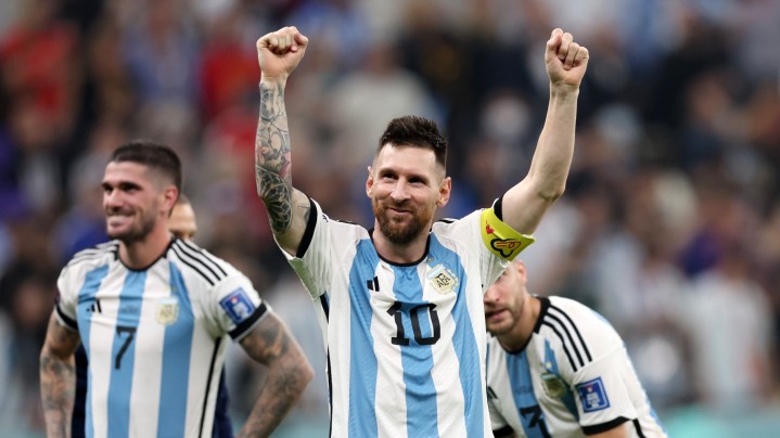 LUSAIL CITY, QATAR - DECEMBER 13: Lionel Messi of Argentina celebrates after the 3-0 win during the FIFA World Cup Qatar 2022 semi final match between Argentina and Croatia at Lusail Stadium on December 13, 2022 in Lusail City, Qatar. (Photo by Clive Brunskill/Getty Images)