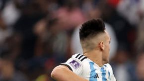 LUSAIL CITY, QATAR - DECEMBER 18: Lionel Messi of Argentina celebrates with teammates in the penalty shootout during the FIFA World Cup Qatar 2022 Final match between Argentina and France at Lusail Stadium on December 18, 2022 in Lusail City, Qatar. (Photo by Catherine Ivill/Getty Images)