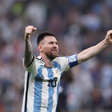 Lionel Messi of Argentina celebrates his second goal during the Final between Argentina and France at the 2022 FIFA World Cup at Lusail Stadium in Lusail, Qatar, Dec. 18, 2022. (Photo by Cao Can/Xinhua via Getty Images)
