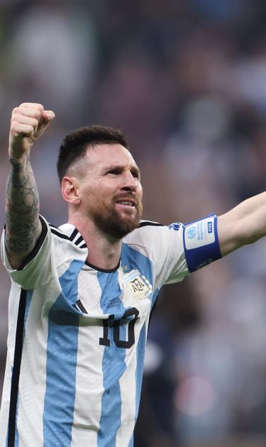 Lionel Messi of Argentina celebrates his second goal during the Final between Argentina and France at the 2022 FIFA World Cup at Lusail Stadium in Lusail, Qatar, Dec. 18, 2022. (Photo by Cao Can/Xinhua via Getty Images)