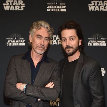 ANAHEIM, CALIFORNIA - MAY 26: (L-R) Tony Gilroy and Diego Luna attend the studio showcase panel at Star Wars Celebration for “Andor” in Anaheim, California on May 26, 2022. The new original series from Lucasfilm launches exclusively on Disney+ August 31. (Photo by Alberto E. Rodriguez/Getty Images for Disney)