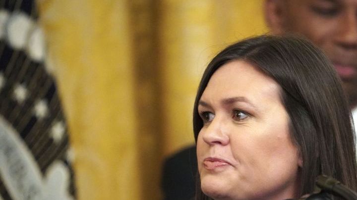 Sarah Sanders speaks as US President Donald Trump holds an event about second chance hiring and criminal justice reform in the East Room of the White House in Washington, DC, June 13, 2019. - President Donald Trump on Thursday made the surprise announcement of the departure of spokeswoman Sarah Sanders, who has been widely criticized for her performance in the White House. "After 3 1/2 years, our wonderful Sarah Huckabee Sanders will be leaving the White House at the end of the month and going home to the Great State of Arkansas," Trump tweeted, adding that he hoped she would run for governor of her state. (Photo by MANDEL NGAN / AFP)        (Photo credit should read MANDEL NGAN/AFP via Getty Images)