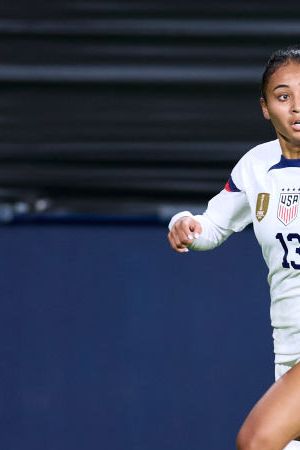 PAMPLONA, SPAIN - OCTOBER 11: Alyssa Thompson of United States in action during the Women´s International Friendly match between Spain and USA at El Sadar Stadium on October 11, 2022 in Pamplona, Spain. (Photo by Ion Alcoba/Quality Sport Images/Getty Images)