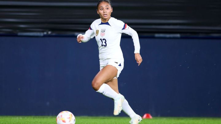 PAMPLONA, SPAIN - OCTOBER 11: Alyssa Thompson of United States in action during the Women´s International Friendly match between Spain and USA at El Sadar Stadium on October 11, 2022 in Pamplona, Spain. (Photo by Ion Alcoba/Quality Sport Images/Getty Images)