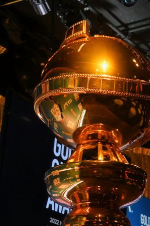 A view of the Golden Globe statue on stage before HFPA President Helen Hoehne announces the nominations for the 79th Annual Golden Globes at the Beverly Hilton Hotel on December 13, 2021 in Beverly Hills, California. (Photo by Michael Buckner/Variety/Penske Media via Getty Images)