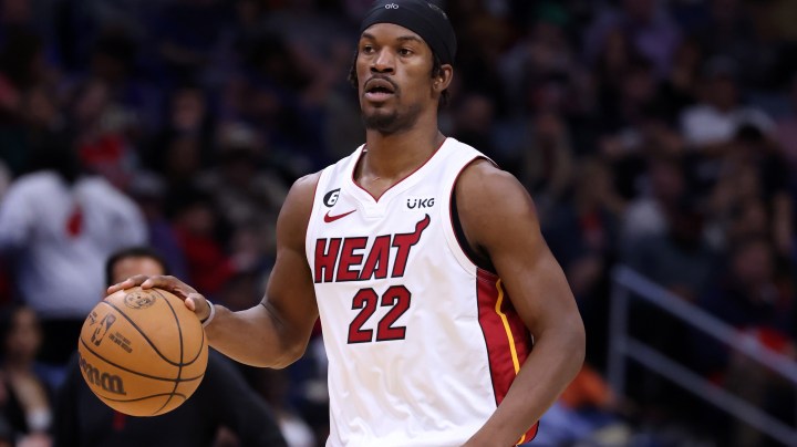 NEW ORLEANS, LOUISIANA - JANUARY 18: Jimmy Butler #22 of the Miami Heat drives with the ball against the New Orleans Pelicans during a game at the Smoothie King Center on January 18, 2023 in New Orleans, Louisiana. NOTE TO USER: User expressly acknowledges and agrees that, by downloading and or using this Photograph, user is consenting to the terms and conditions of the Getty Images License Agreement. (Photo by Jonathan Bachman/Getty Images)