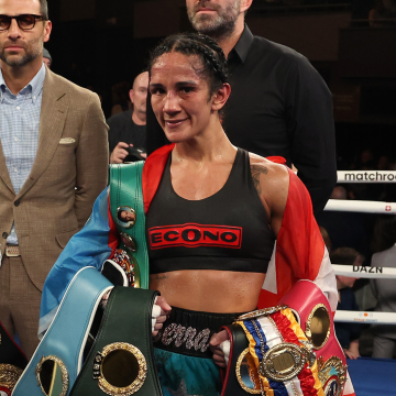 NEW YORK, NEW YORK - FEBRUARY 04: Amanda Serrano and Katie Taylor pose in the ring after her fight against Erika Cruz at The Hulu Theater at Madison Square Garden on February 04, 2023 in New York City. (Photo by Al Bello/Getty Images)